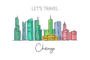 um único desenho de linha do horizonte da cidade de chicago, estados unidos. paisagem histórica da cidade no mundo. melhor destino de férias. curso editável ilustração em vetor design de desenho de linha contínua na moda