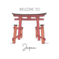 um desenho de linha contínua torii gate marco saudação. elemento icônico mundial na cultura japonesa. conceito de impressão de cartaz de decoração de parede de férias de férias. ilustração em vetor design de desenho de linha única moderna