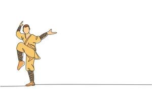uma única linha de desenho jovem enérgico shaolin monge homem exercício kung fu lutando na ilustração vetorial gráfico do templo. conceito de esporte de arte marcial chinesa antiga. design moderno de desenho de linha contínua vetor