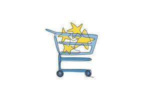 um desenho de linha contínua de brinquedos de estrelas dentro do carrinho de compras. conceito de mercado de venda. ilustração gráfica de vetor de desenho de linha única dinâmica