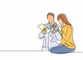 um único desenho de linha de um jovem médico dando uma sessão de consulta a uma paciente enquanto lia o prontuário. conceito de saúde médica linha contínua desenho ilustração vetorial vetor