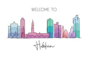 desenho de linha contínua única hoboken city skyline, new jersey. paisagem de raspador de cidade famosa. mundo viajar para casa decoração de parede arte cartaz impressão conceito. ilustração em vetor moderno desenho de uma linha