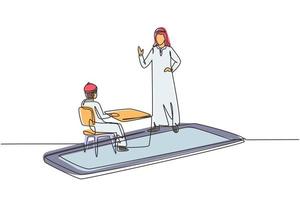 contínua uma linha de desenho hijab paciente do sexo feminino apertando as mãos de uma médica em smartphone segurando a área de transferência. consulta médica online. ilustração gráfica de vetor de desenho de linha única