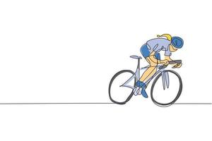 uma única linha de desenho jovem enérgica bicicleta piloto foco treinar sua ilustração gráfica de vetor de velocidade. conceito de ciclista de corrida. design moderno de desenho de linha contínua para banner de torneio de ciclismo