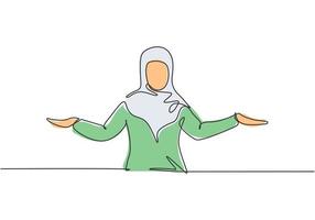 único desenho de linha de uma jovem mulher de negócios árabe estendeu os braços. apresentação de negócios para descobrir o conceito minimalista de solução. linha contínua desenhar design gráfico ilustração vetorial. vetor