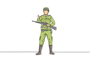 contínua uma linha desenhando soldados com armas, uniformes completos e gestos com o polegar para cima servindo ao país com a força das forças militares. ilustração gráfica de vetor de desenho de linha única