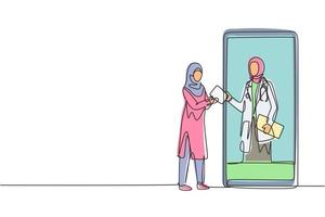 contínua uma linha desenho paciente árabe feminino recebendo receita de hijab médica em smartphone. conceito de serviços médicos online. ilustração gráfica de vetor de desenho de linha única
