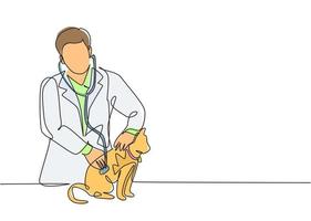 desenho de linha única contínua de um jovem veterinário do sexo masculino examinando e cuidando de um gato doente por causa de uma bactéria. conceito de serviço de saúde para animais de estimação, desenho de uma linha, ilustração vetorial vetor