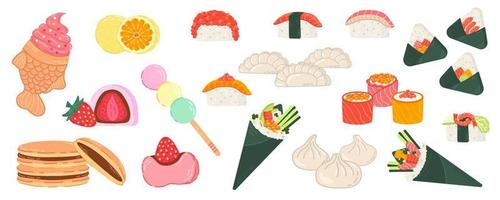 grande conjunto do japonês Comida. mão desenhado diferente japonês pratos para cardápio, adesivos, bandeiras. vetor