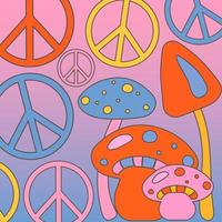 adesivo, cartão postal, ícone com diferente colori cogumelos com uma Sombrio acidente vascular encefálico e Paz sinais dentro hippie estilo vetor