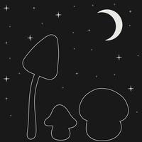 adesivo, cartão postal, ícone com branco 1 linha cogumelos em Sombrio fundo com lua e estrelas vetor