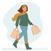 jovem mulher caminhando com compras bolsa. inverno vetor