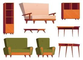 mobília Itens dentro desenho animado estilo. coleção do de madeira guarda-roupa, cadeira, mesa, escrivaninha e poltrona vetor ilustração isolado em branco