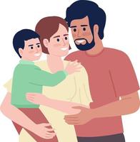 jovem pais com criança pequena abraçando semi plano cor vetor personagens