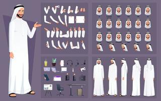 árabe muçulmano homem personagem construtor kit com vários face poses, animação preparar, corpo peças, sincronia labial e o negócio acessórios vetor