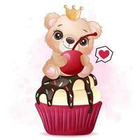 ursinho fofo sentado na ilustração do cupcake