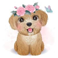 Poodle pequeno fofo com ilustração floral vetor