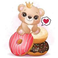 ursinho fofo sentado na ilustração de donuts vetor