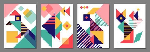 conjunto de capas geométricas tangram com animais. animais geométricos para capas, cadernos, brochuras, agendas, cartazes. ilustração vetorial vetor