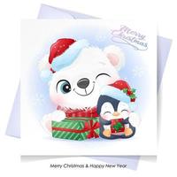 doodle fofo urso polar e pinguim para o natal com ilustração em aquarela vetor