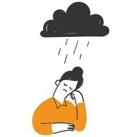 mão desenhado rabisco depressão ou estresse mulher com chuva nuvem ilustração vetor
