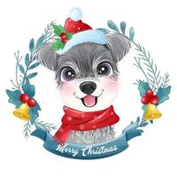 Filhote de cachorro bonito doodle para o Natal com ilustração em aquarela vetor