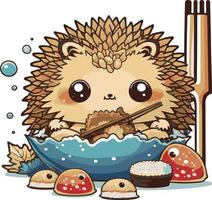 fofa desenho animado ouriço comendo tempura vetor