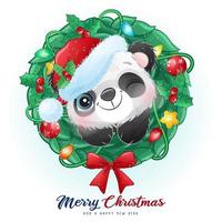 doodle fofo panda para o dia de Natal com ilustração em aquarela vetor
