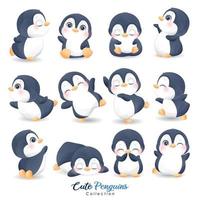 Pinguins fofos doodle definido para o dia de Natal com ilustração em aquarela vetor