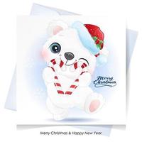 doodle fofo urso para o natal com ilustração em aquarela vetor