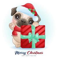 Doodle pug fofo para o dia de Natal com ilustração em aquarela vetor