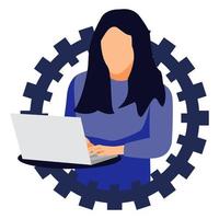 trabalhador autonomo fêmea personagem trabalhando em engrenagem área de trabalho com computador portátil pc engrenagem avatar vetor