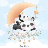 Doodle fofo panda com ilustração floral vetor