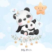 Doodle fofo panda com ilustração floral vetor