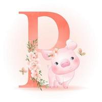 fofo doodle porquinho com ilustração floral vetor