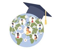 conectados graduação. graduados todos sobre mundo receber diplomas. conectados Educação às social distanciar. planeta terra com graduação boné. vetor plano ilustração