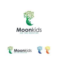 vetor de conceito de logotipo de sonho de crianças, ícone de logotipo de lua de crianças, símbolo de logotipo de criança e árvore