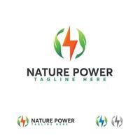 vetor de conceito de design de logotipo de poder da natureza, eletricidade e modelo de logotipo de folha