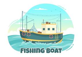pescaria barco ilustração com pescadores Caçando peixe usando navio para rede bandeira ou aterrissagem página dentro plano desenho animado mão desenhado vetor modelos