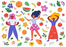 verão brilhante conjunto com garotas, flores, frutas, corações simples objetos do plantas, pessoas, formas. vetor gráficos.