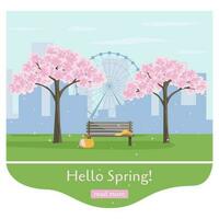 Primavera panorama com sakura árvore florescer, banco, chapéu, cesta e cidade. vetor ilustração dentro plano estilo. sakura piquenique