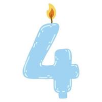 vela número quatro em estilo simples. ilustração vetorial desenhada à mão de 4 símbolos queimando vela, elemento de design para bolos de aniversário vetor