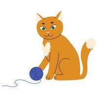 fofa gengibre gato jogando com uma azul bola. doméstico animal plano vetor ilustração