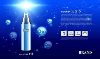 cosmético para cuidados com a pele spray coenzima soro q10 sob o conceito de fundo do oceano azul com luz solar ilustração vetorial de design de marca de embalagem 3d vetor