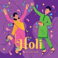 par do feliz personagens celebrat holi festival poster vetor