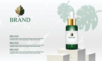 Pódio de mármore branco para exposição de produtos cosméticos com fundo limpo e ilustração vetorial de folha verde vetor