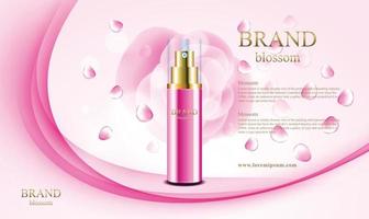 Flor de spray de perfume de luxo com embalagem 3D e ilustração em vetor floral fundo preto rosa