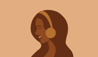 lindo africano americano mulher ouvindo em fones de ouvido. social meios de comunicação jogador aplicativo, música terapia, música amante e entretenimento vetor ilustração