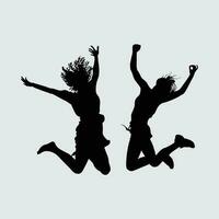 dois meninas saltos dentro a ar silhueta, diversão, feliz, sucesso, sentir livre, música show, saiu mulher grampo arte. vetor