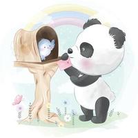 ilustração de panda fofo com passarinho vetor